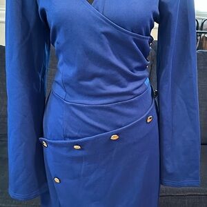 Classic Long Sleeve Wrap Dress in Deep Blue with Gold Buttons